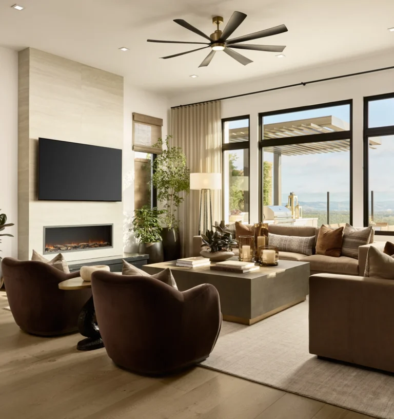CDC Home design with couches, chairs, television, and ceiling fan