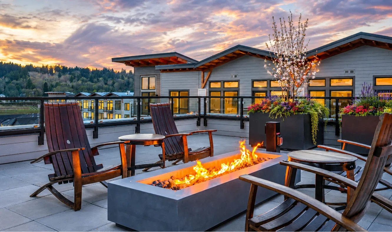 Alexan Woodinville Deck overlooking Chateau Ste. Michelle Winery