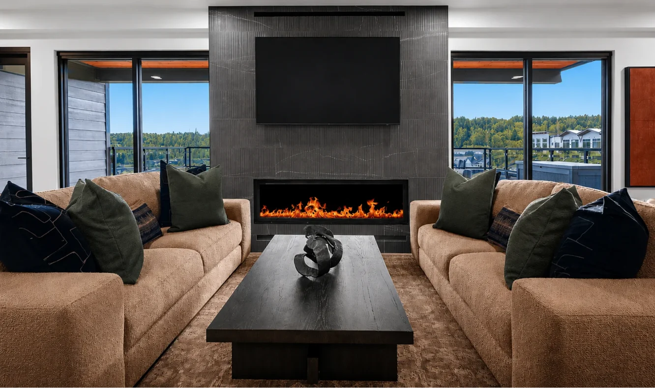 Alexan Woodinville Hospitality Influenced Couch Fireplace